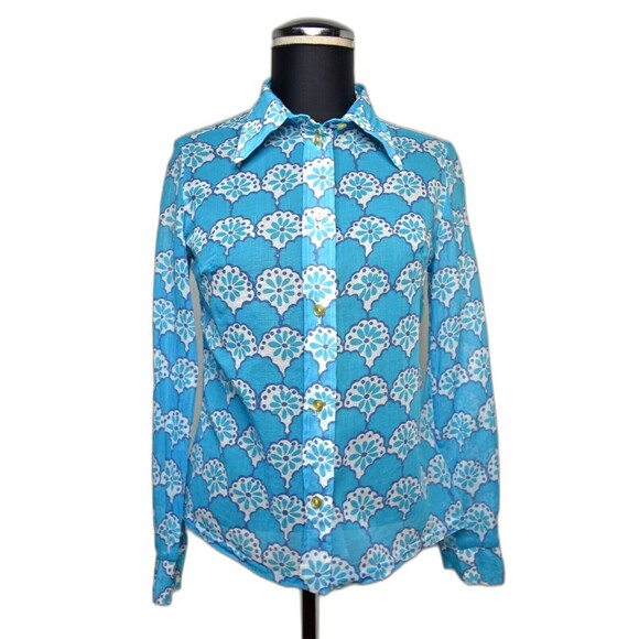 Vintage Swedish Sheer Turquoise Floral Print Long Sleeve Shirt - Women's 40 EU - Picture 2 of 7